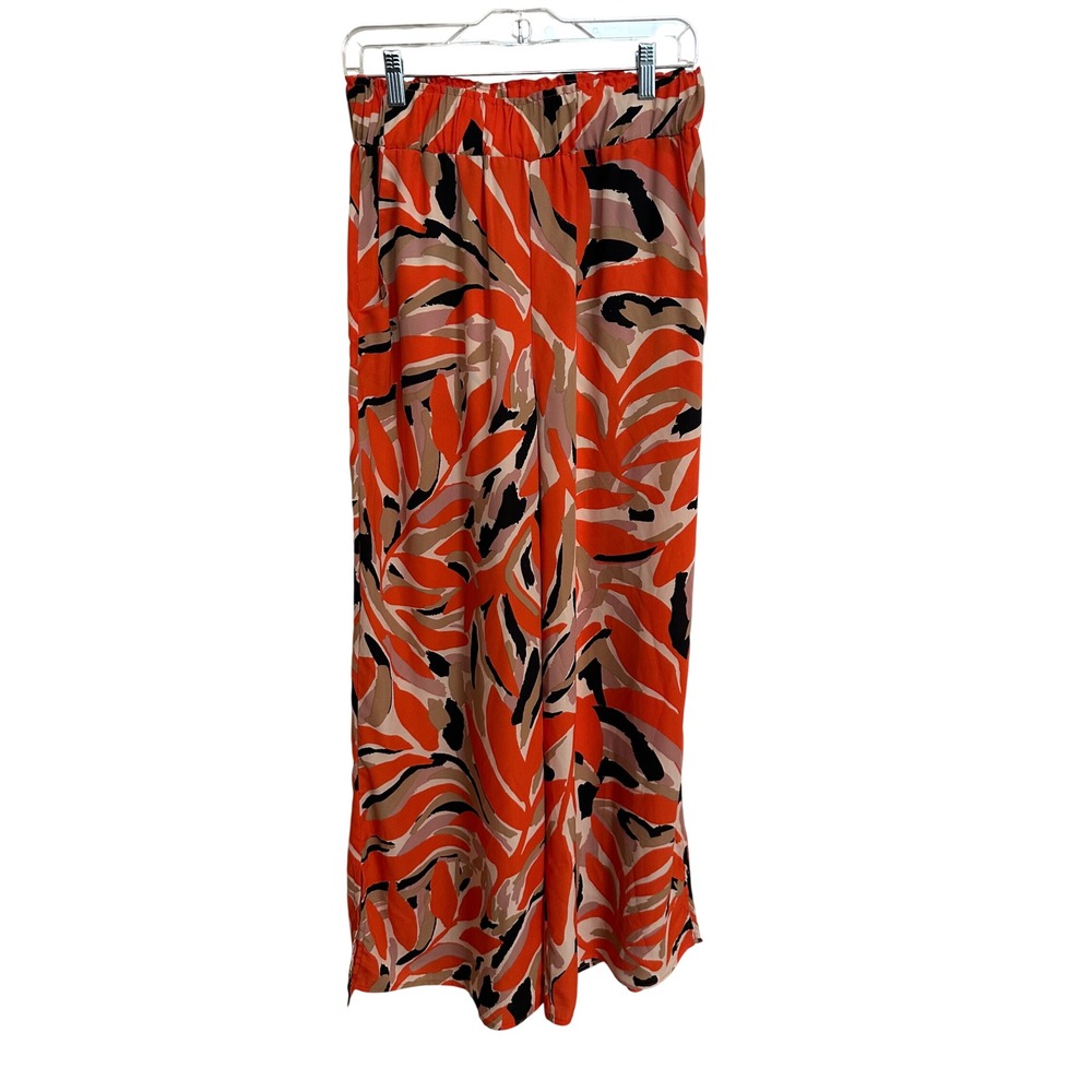 Tyche Abstract Floral Palm Print Split Hem Wide Leg Pants Orange L USA